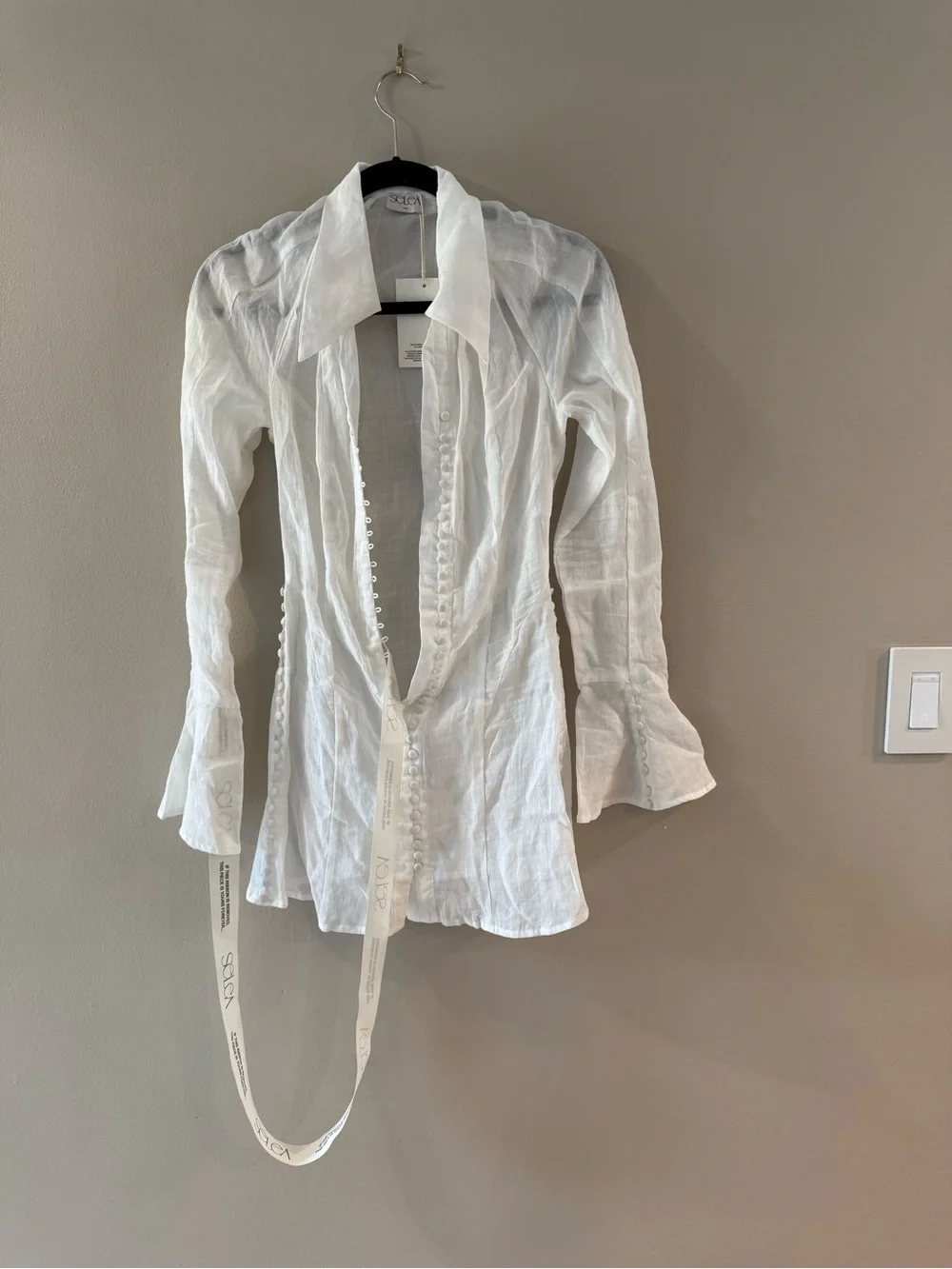 White Button-Front Long-Sleeve Linen Mini Dress